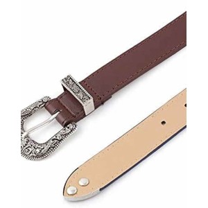 Women-Leather-Belts Vintage Western-Belt with Carved Buckle Waist-Belt for Jeans Dresses