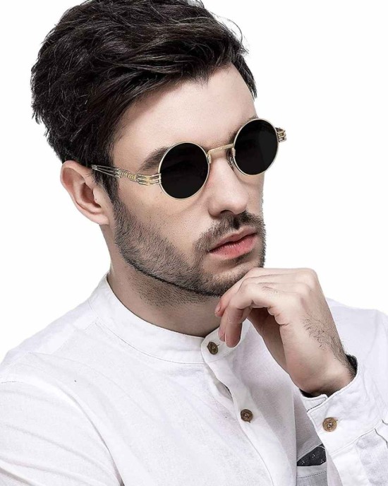 AIEYEZO Round Steampunk Sunglasses John Lennon Hippie Glasses Metal Frame 100% UV Blocking Lens